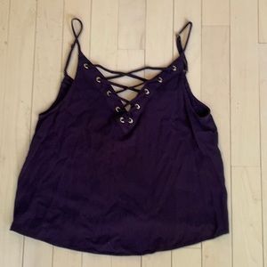 Navy blue tank top w tied V-neck and tie back